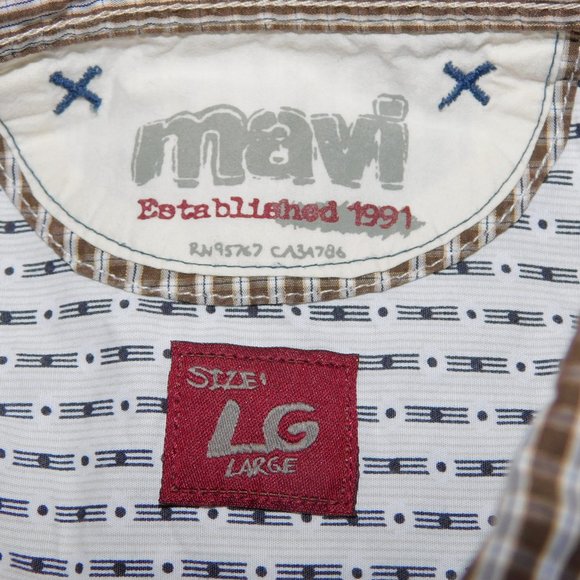 Mavi Mens L Brown White Check gingham button front long sleeve shirt - Picture 2 of 10